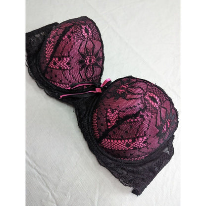 Vintage Y2K Womens Sz 38C Strapless Push Up Bra Pink w/ Black Lace