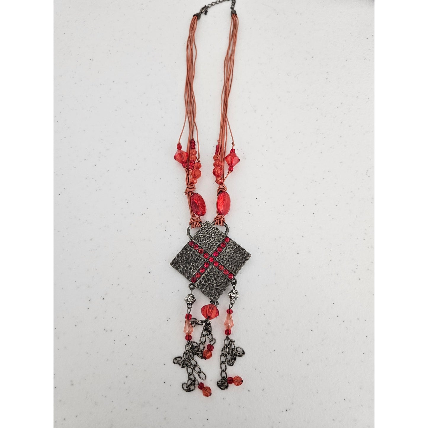 Vintage Aztec Style Pendant Necklace Mixed Media Pink and Silver Tones