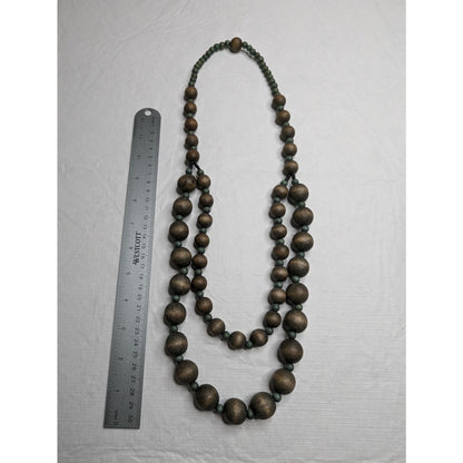 Vintage Mid Century 2 Strand Wooden Round Bead Necklace Muted Blue Gray