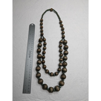 Vintage Mid Century 2 Strand Wooden Round Bead Necklace Muted Blue Gray