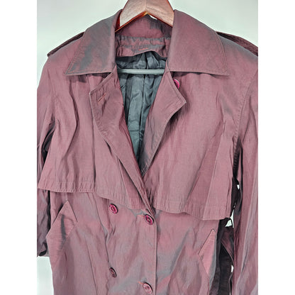 Vintage 1980s Womens Sz M Midi Length Trench Coat Purple Metallic Sheen Belted