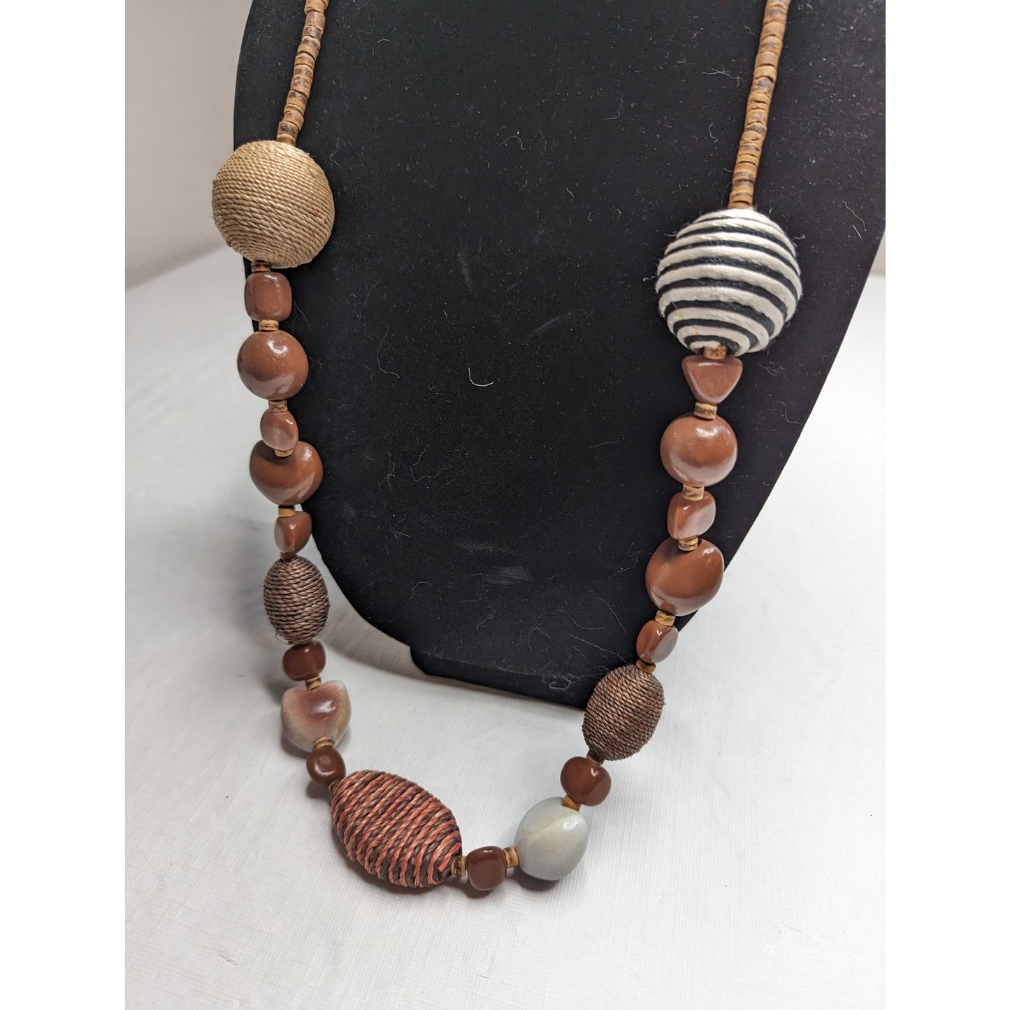 Vintage 1970s Single Strand Chunky Beaded Necklace Wood Multi Media Brown