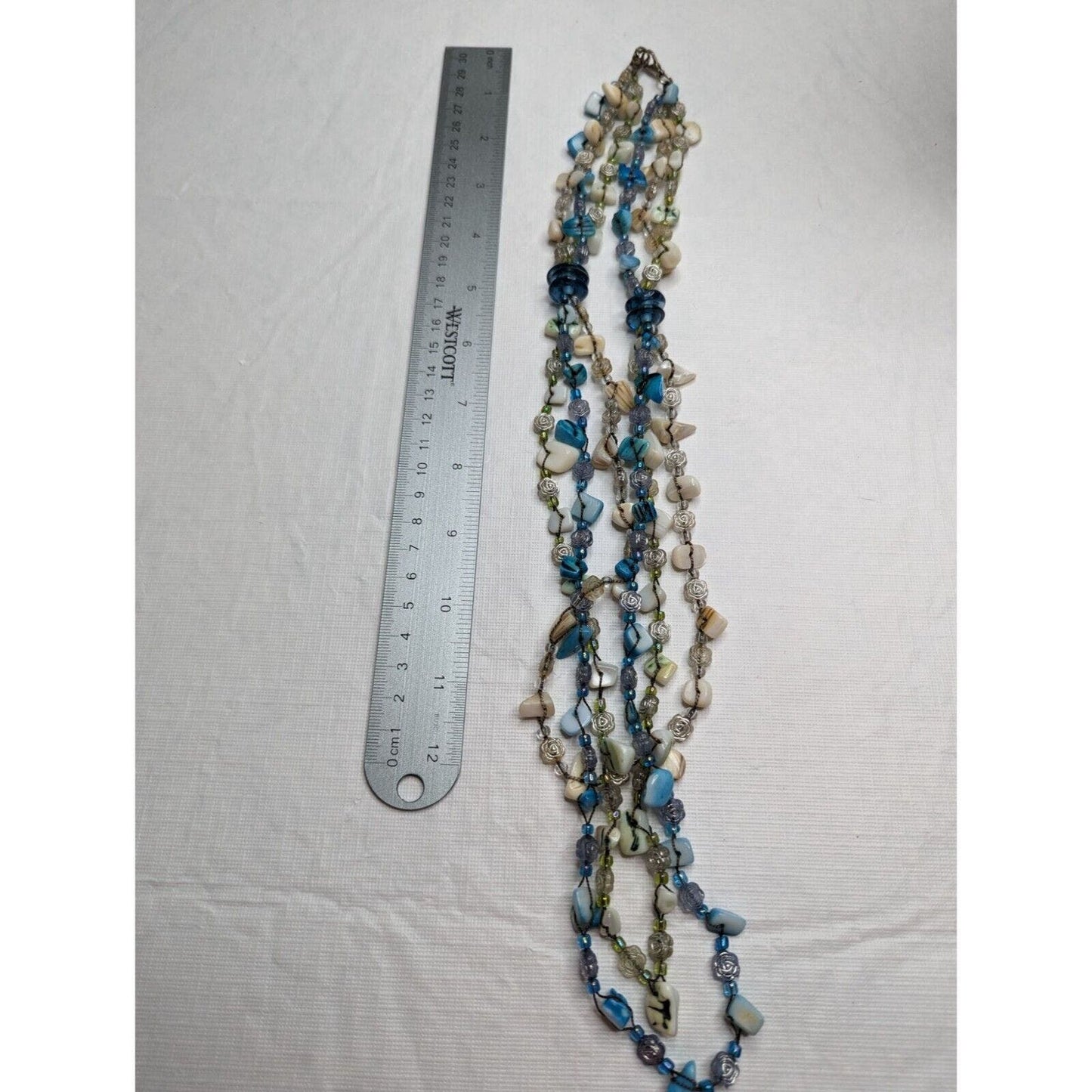 Vintage Multi Strand Beaded and Rock Necklace Blue Ivory Boho Layered