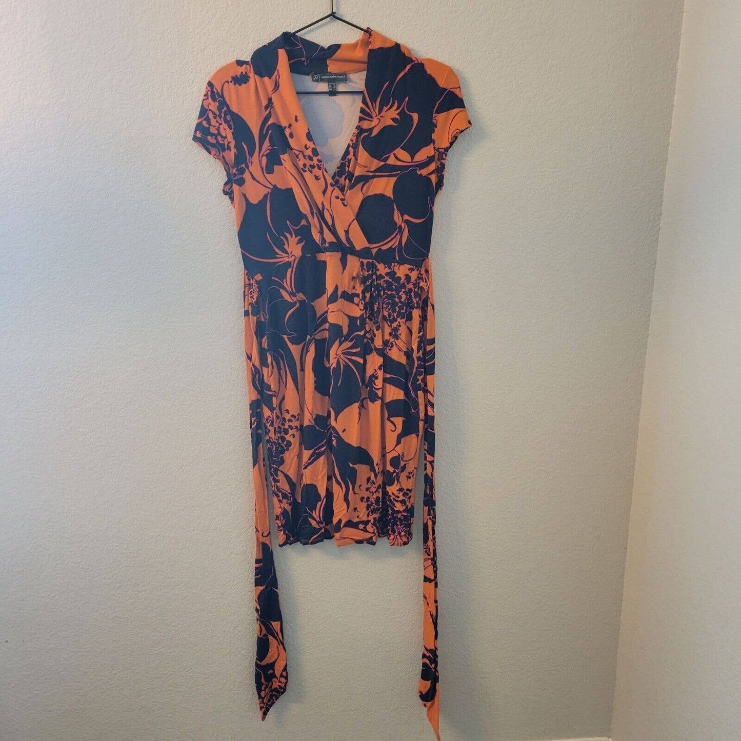 Adrianna Papell Womens Sz 4 Knee Length Short Sleeve Dress Orange Blue Floral