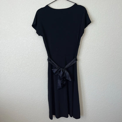 Style & Co Womens Sz S Black Midi Dress A Line Satin Trim V Neck