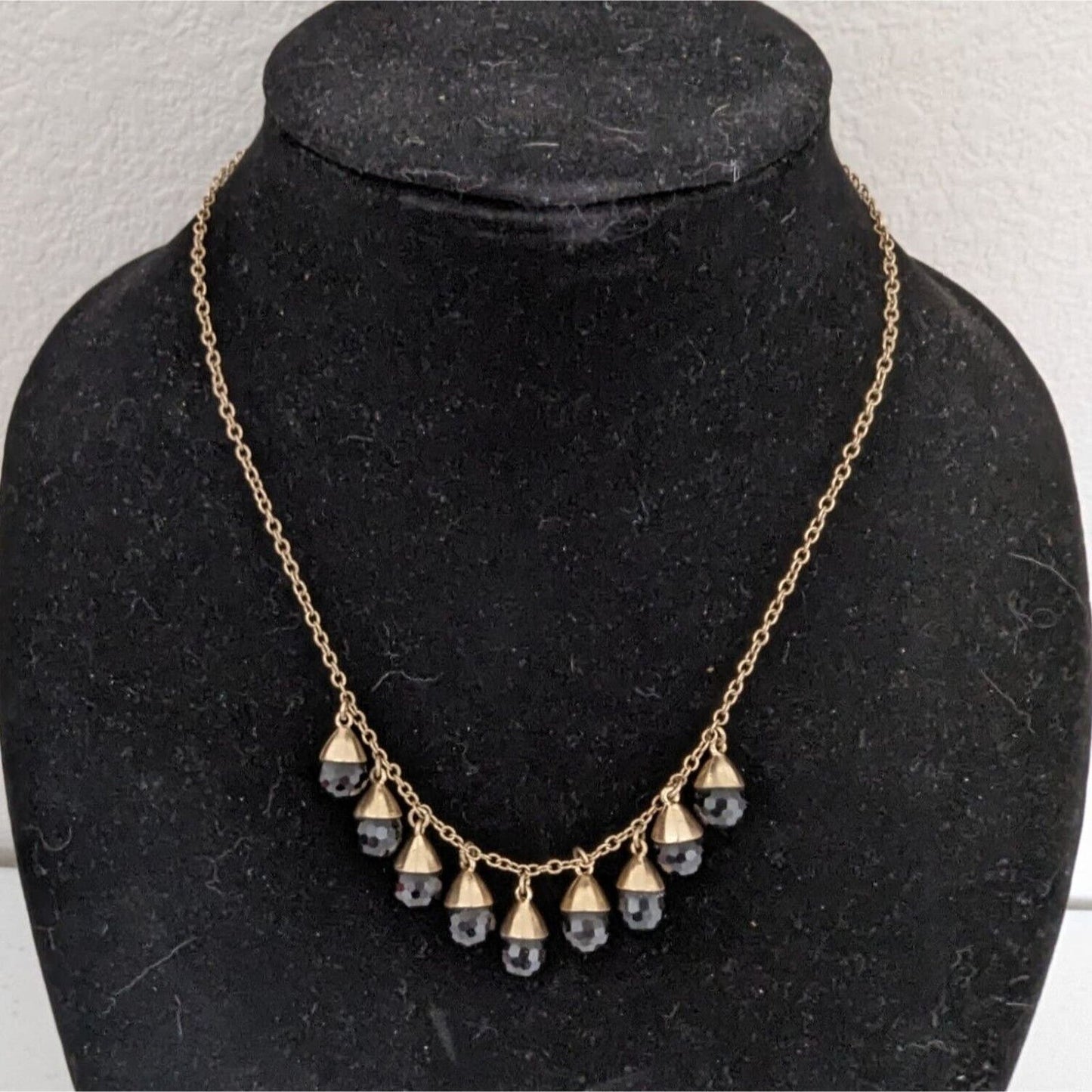 Womens Gold Tone Chain necklace w/ Black Teardrop Disco Rhinestones