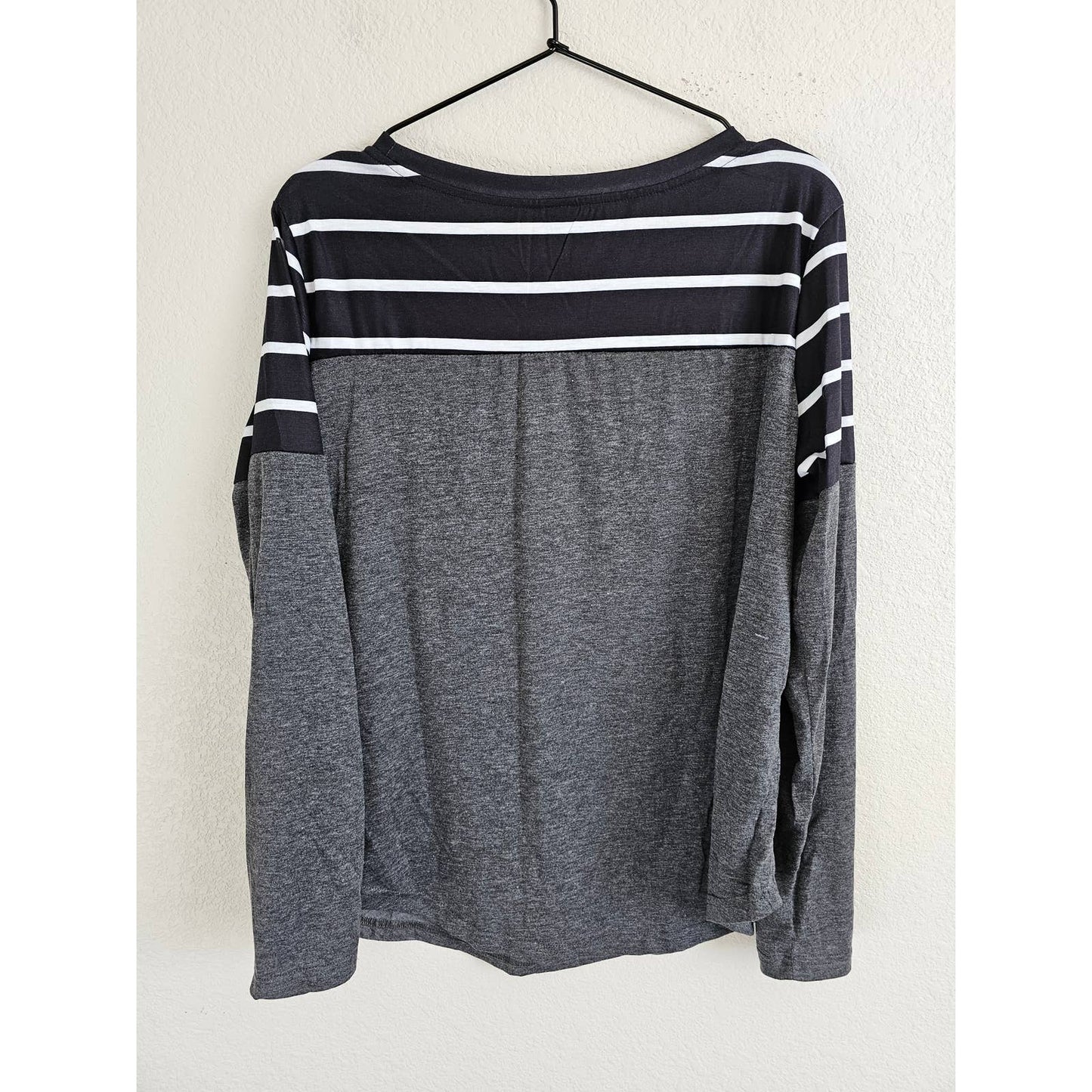 Shein Womens Sz XL Long Sleeve T Shirt Black White Striped Suede Pocket