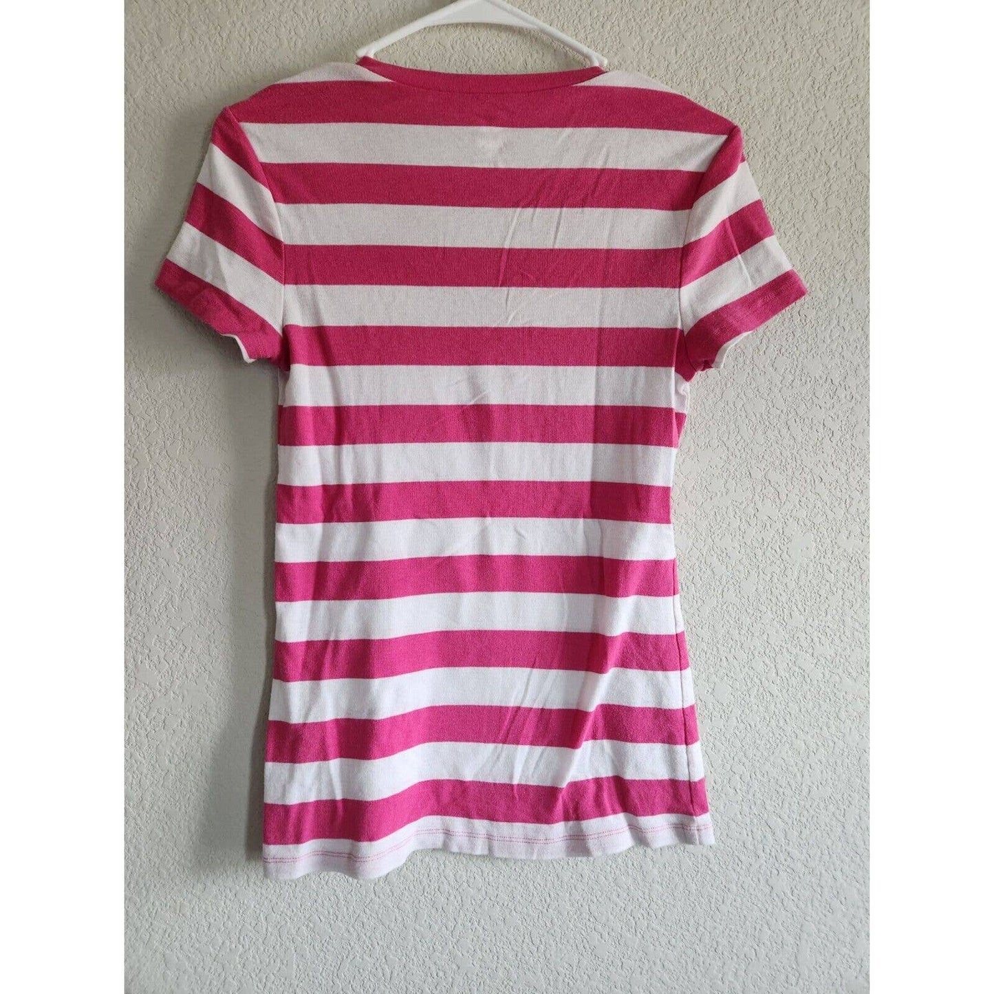 Old Navy Womens Sz M Fitted V Neck T Shirt Pink White Striped