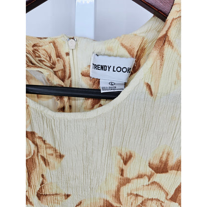 Vintage 1990s Trendy Looks Womens L Short Sleeve Midi Dress Yellow Rose Floral