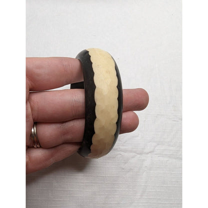 Vintage Black and Ivory Tone Bangle Bracelet Wooden Carved