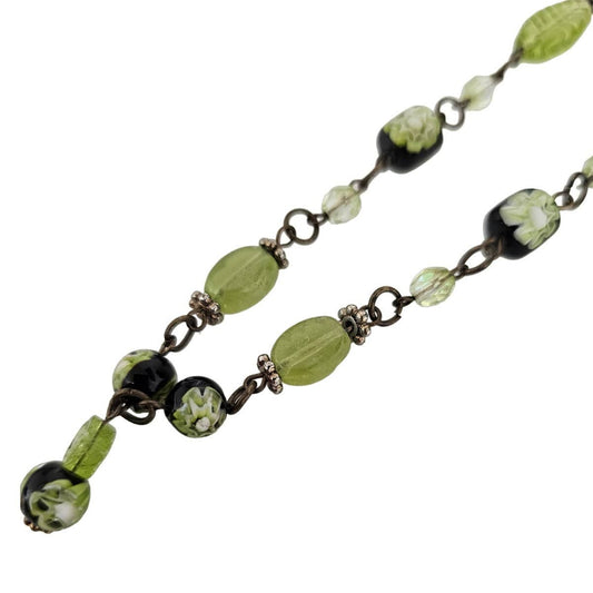 Vintage Lime Green Glass Beaded Necklace Silver Chain Art to Wear