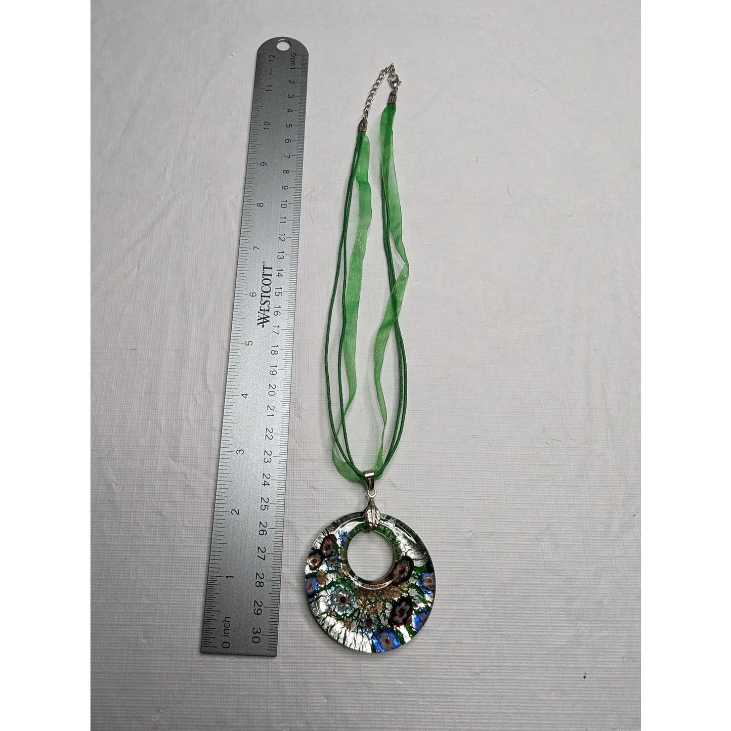 Vintage 1990s Art to Wear Glass Pendant Necklace w/ Green Ribbon