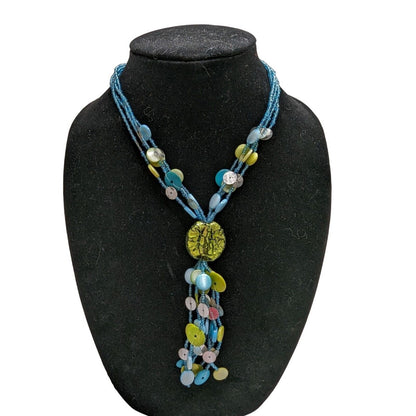 Vintage Multi Strand Seed Bead and Disc Bead Necklace Blue and Green