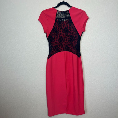 Bailey Blue Womens Sz M Bodycon Midi Dress Red w/ Black Lace See Through Sides