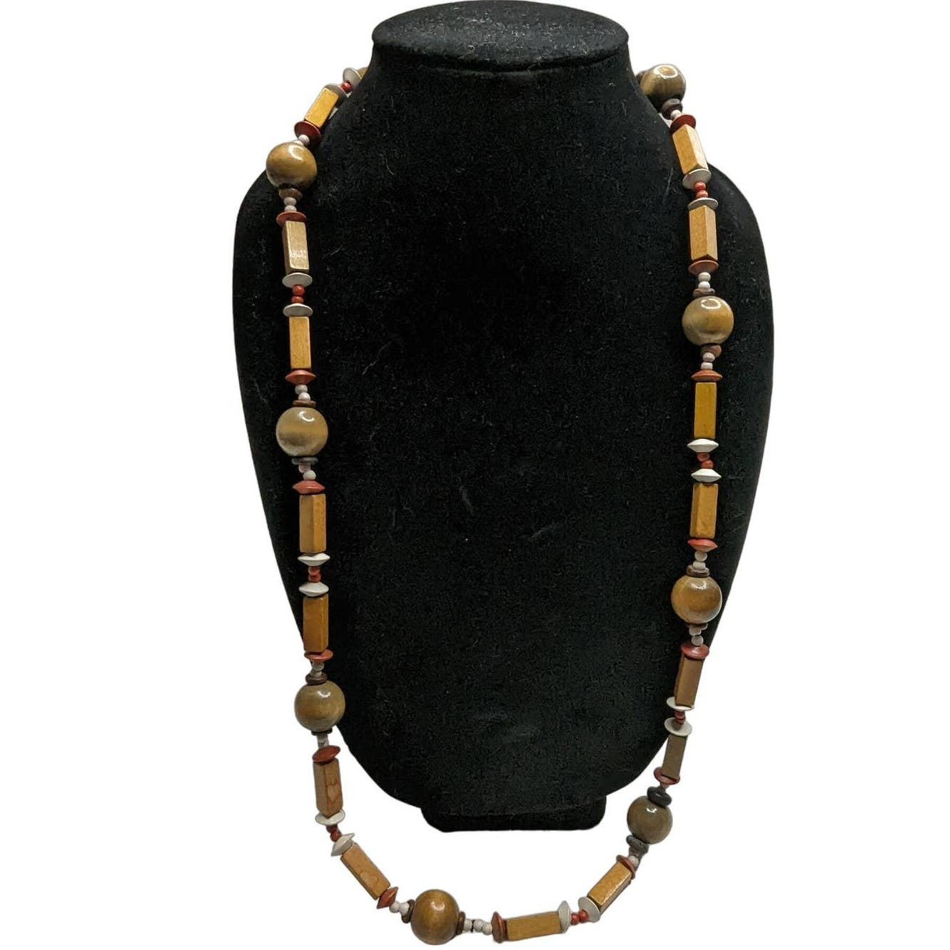 Vintage 1960s Wooden Bead Single Strand Geometric Necklace Brown