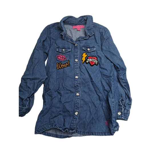 Betsey Johnson Girls Sz 7/8 M Button Down Blue Kean Denim Shirt Multi Patch