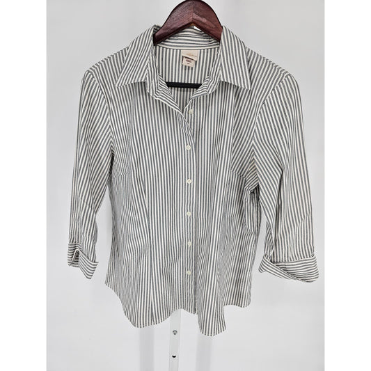 Covington Womens Sz L Long Sleeve Button Up dress Shirt Striped Gray White