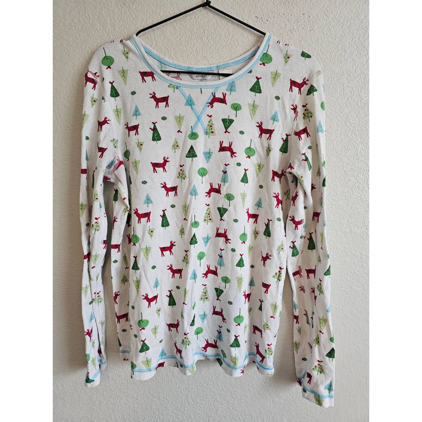 Adonna Womens Sz XL Long Sleeve Thermal Shirt Christmas Tree Print Cotton Blend