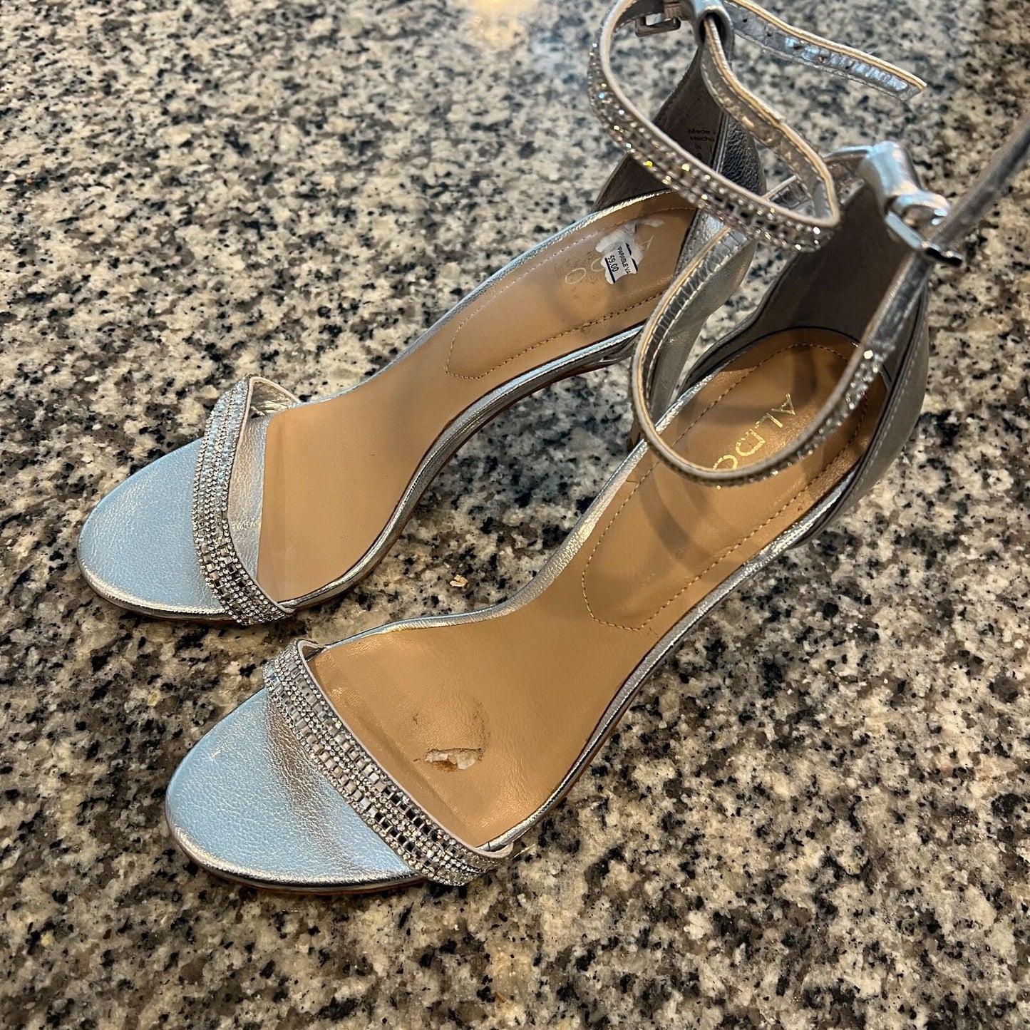 Aldo Womens Sz 9 Silver Stiletto Heels Rhinestones Ankle Strap