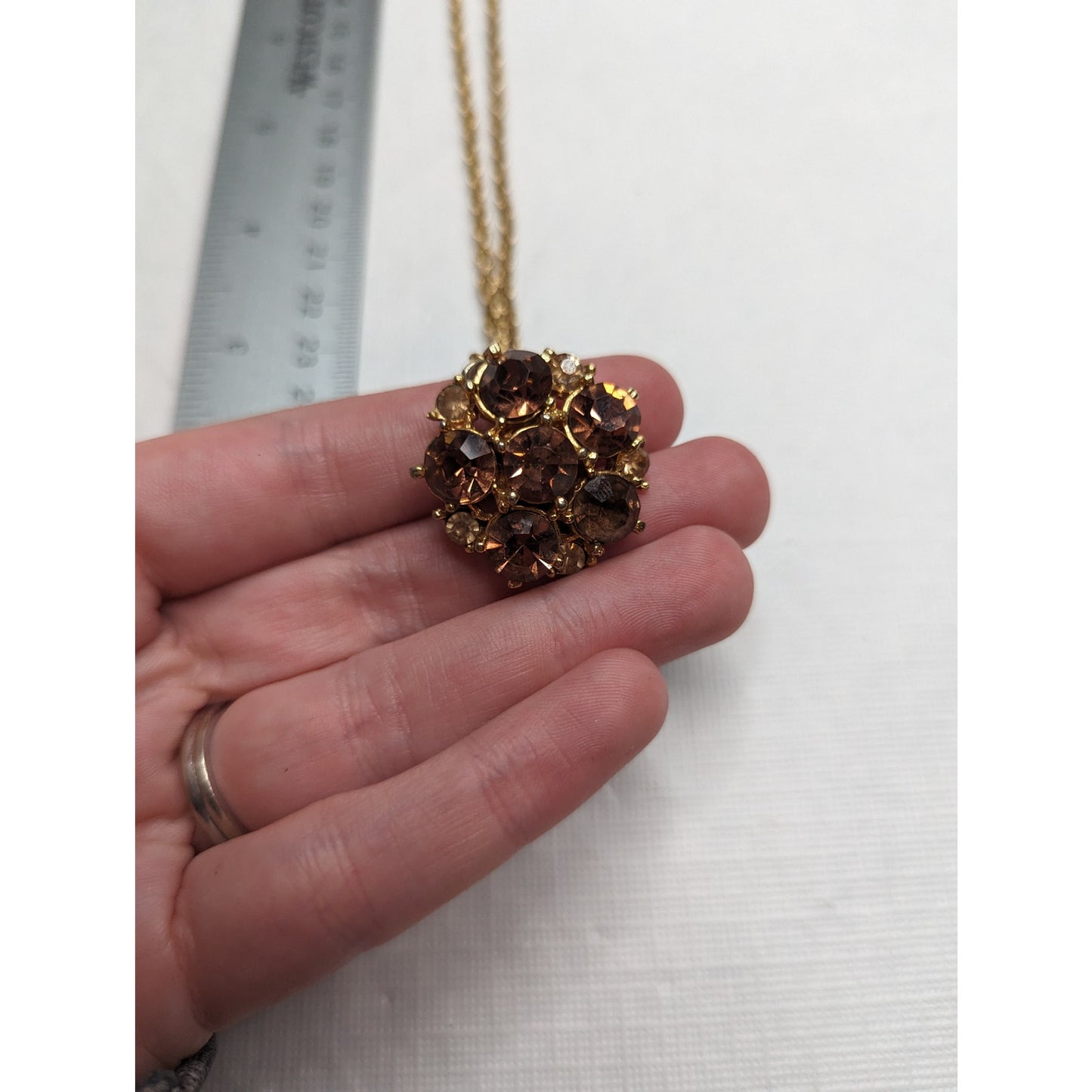 Vintage 1990s Pendant Style Gold Tone Necklace w/ Amber Rhinestones