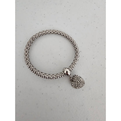 Vintage Y2K Silver Tone Bracelet w/ Rhinestone Heart Charm