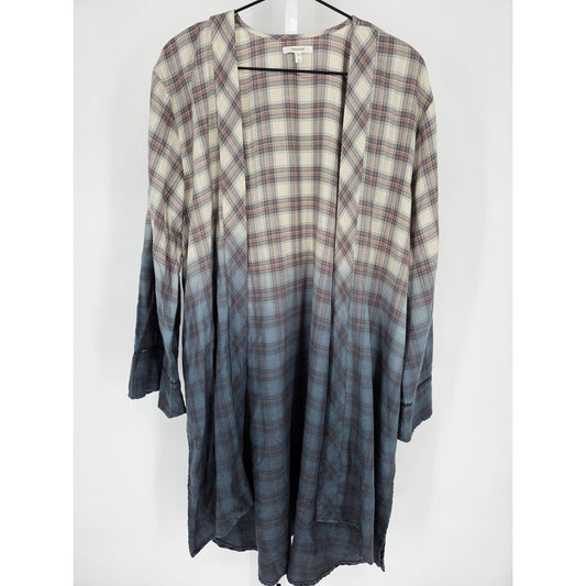 Maurices Womens Sz S Midi Length Open Front Cardigan Plaid Ombre Blue Tan