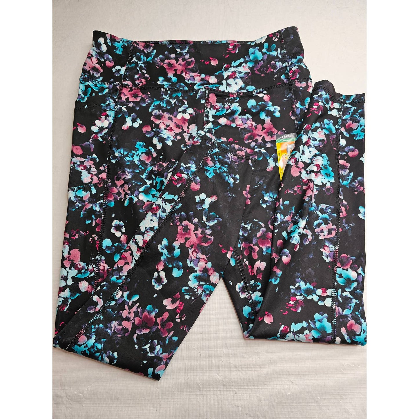 Avia Womens Sz L (12-14) Pantalones deportivos de compresión negro floral con bolsillos