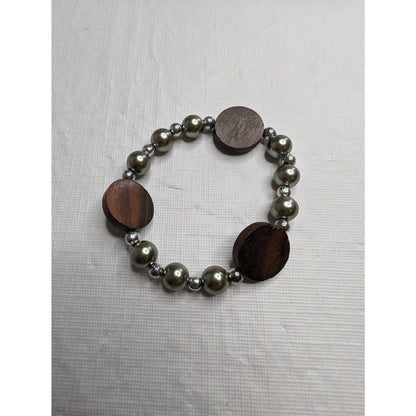 Vintage 1990s Single Strand Beaded Bracelet Silver Metal and Brown Wood Beads