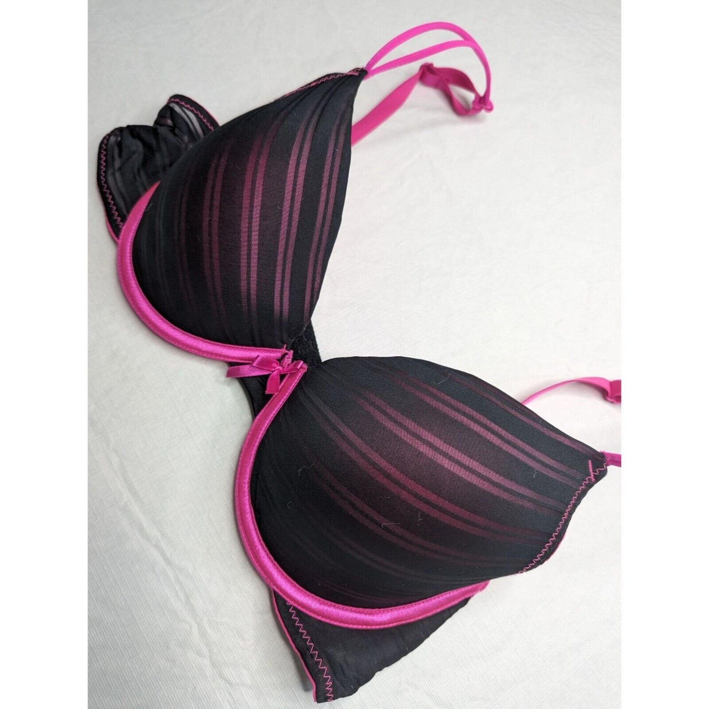 Vintage Y2K Womens Sz 36C Padded Push Up Bra Black Bright Pink Striped