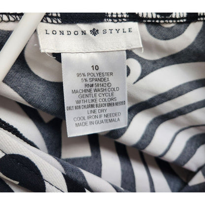 London Style Womens Sz 10 Midi Dress Black White Swirl Print V Neck