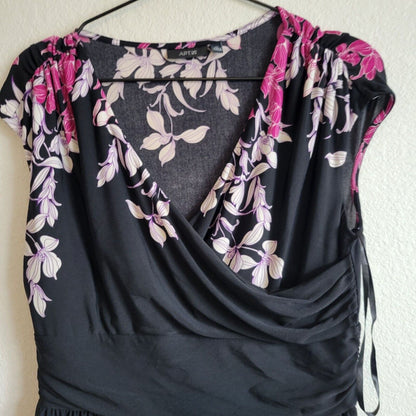 Apt 9 Womens Sz M Midi Career Dress Black w/ Pink and Purple Flowers