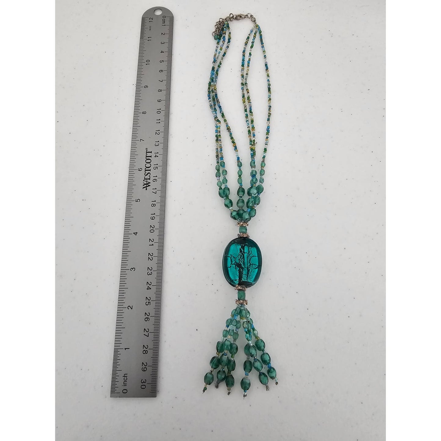 Vintage Mid century Teal Glass Beaded Necklace Southwestern Style Tassel