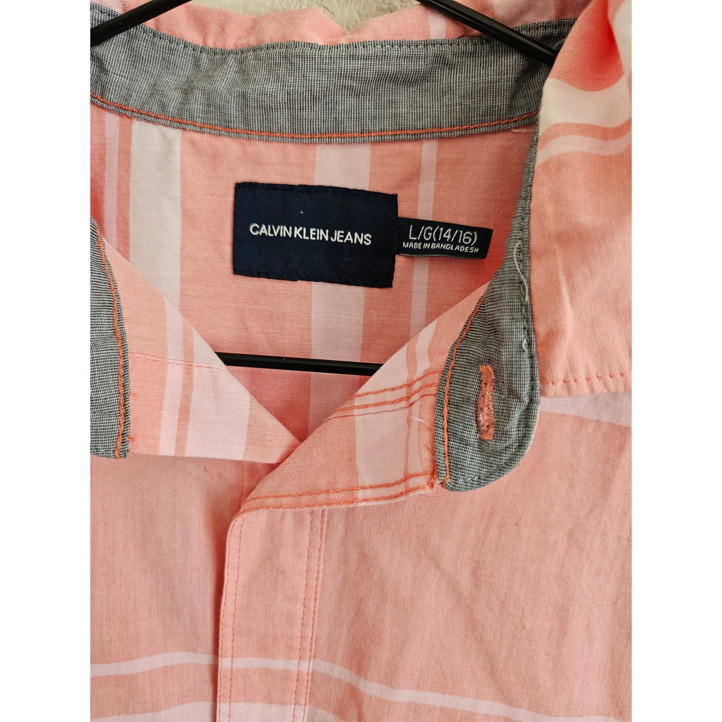 Calvin Klein Jeans Boys Sz L Short Sleeve Button Up Shirt Pink Striped