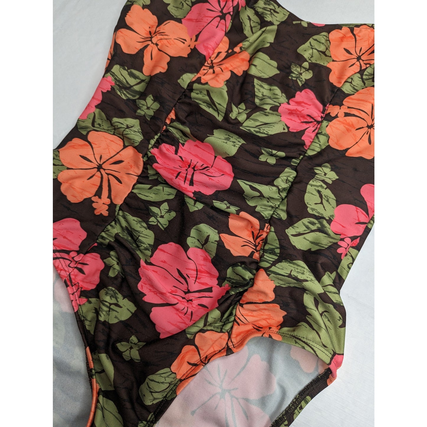 Catalina Anna Fit Womens Sz L One Piece Swimsuit Halter Pink Green Brown Floral