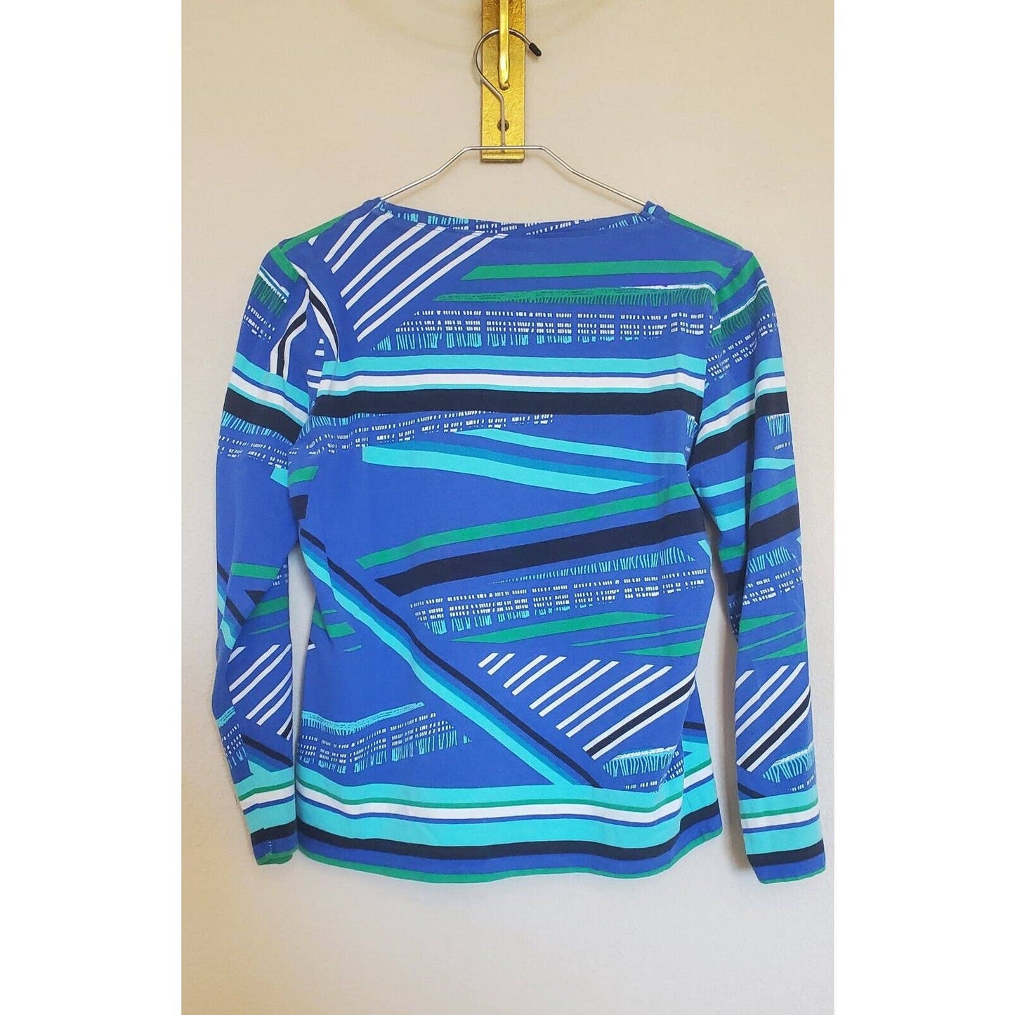 Onque Casuals Womens Petite PM Long Sleeve Abstract Print Shirt Blue Green