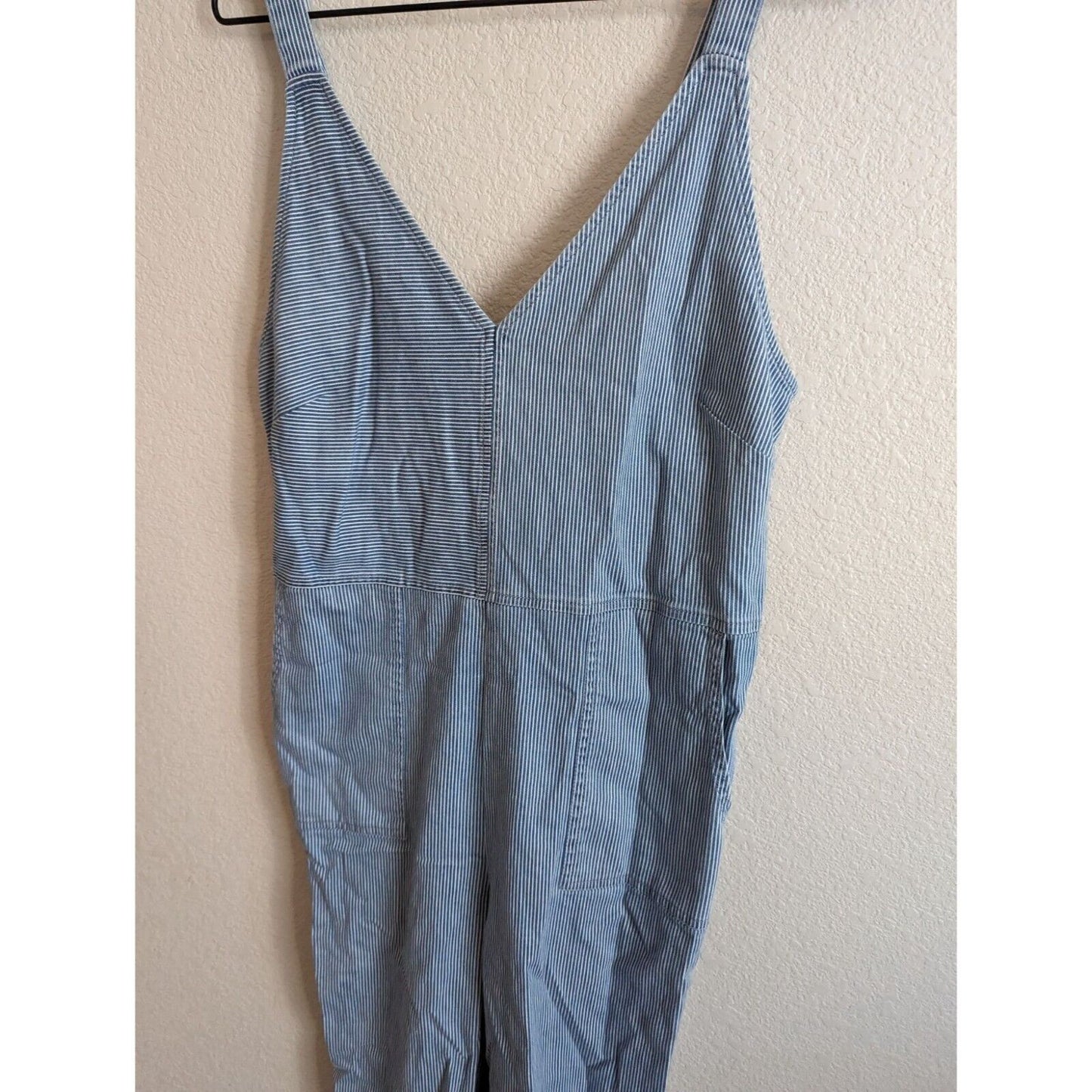 Womens Sz M Full Length Conductor Style Jumpsuit Blue Striped Sleeveless