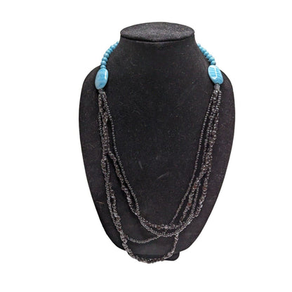 Vintage Turquoise and Black Beaded Stone Long Layered Necklace Southwestern