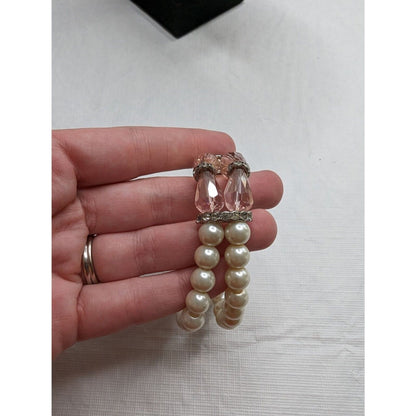 Vintage 1990s 2 Strand Beaded Bracelet Faux Pearl and Pink Stones