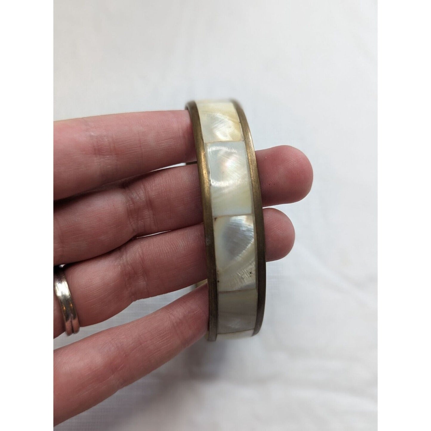Vintage 1960s Brass Bangle Bracelet Mother of Pearl Inlay Mid Century