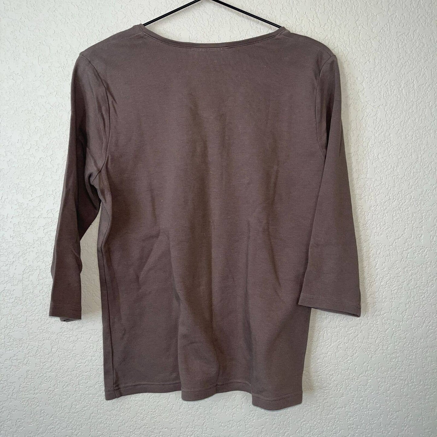 Karen Scott Petites Womens PM Long Sleeve Taupe Brown T Shirt Cotton