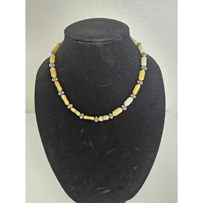 Vintage Single Strand Glass Beaded Necklace Yellow Tones Silver Beads