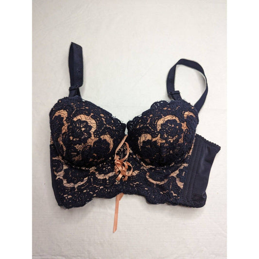 Vintage mujeres Sz 32B azul oscuro palangre push up sujetador encaje delante