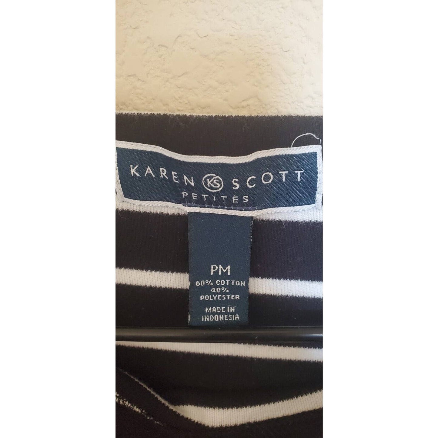 Karen Scott Petites Womens PM 3/4 Sleeve Striped Shirt Black White Brown