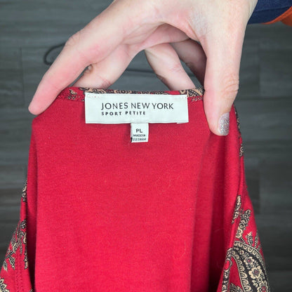 Jones New York Sport Petite Womens Sz PL Long Sleeve Blouse Red Gray Paisley