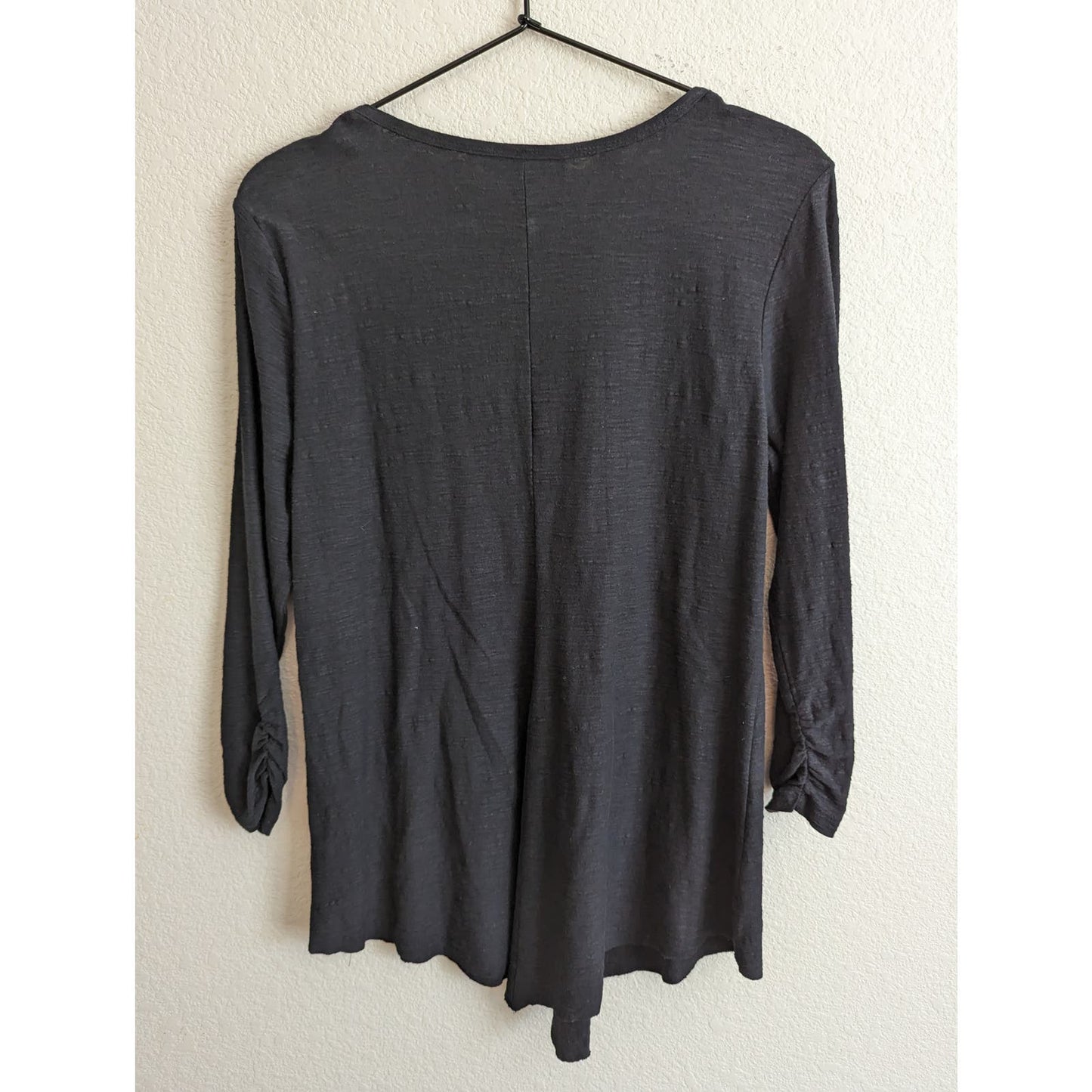 Style & Co Womens Sz PM Petite Cotton Linen Blend V Neck Black Long Sleeve