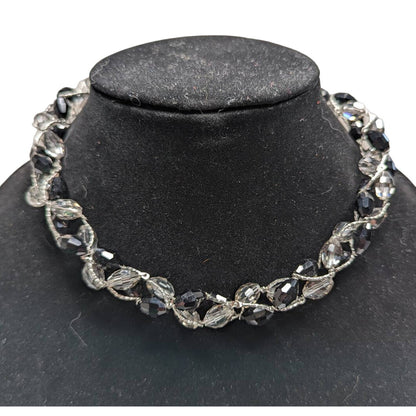 Vintage Y2K Womens Beaded Choker Necklace Black Clear Braided Beads