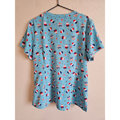 Prints by Maevn Womens Sz L Short Sleeve Scrub Top 4th of July Theme Blue