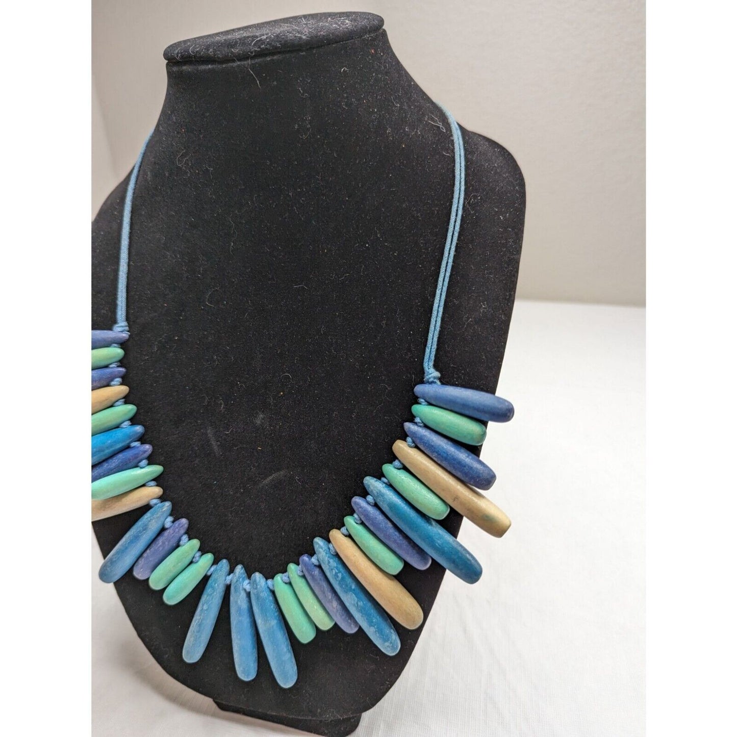 Vintage Boho Wooden Beaded Statement Necklace Pastel Purple Blue