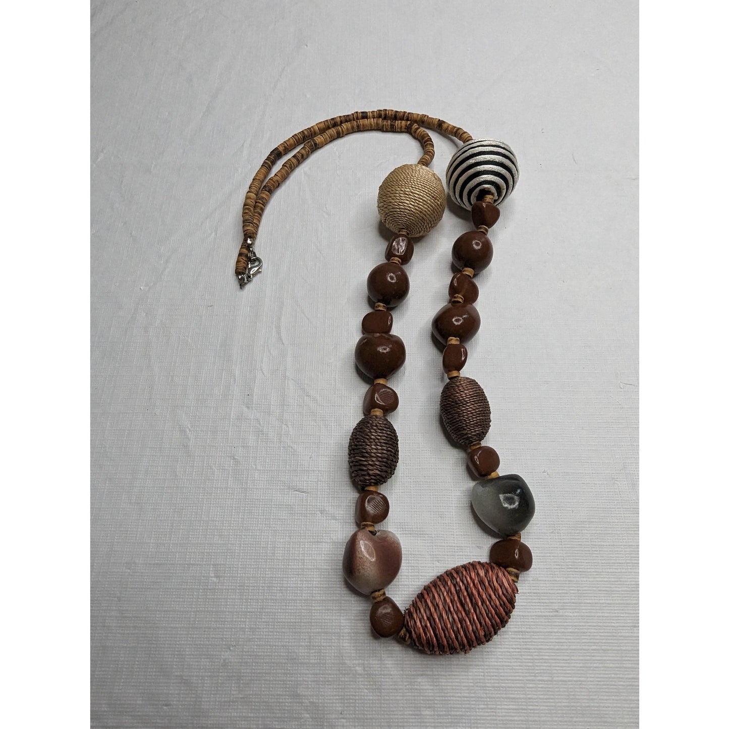 Vintage 1970s Single Strand Chunky Beaded Necklace Wood Multi Media Brown