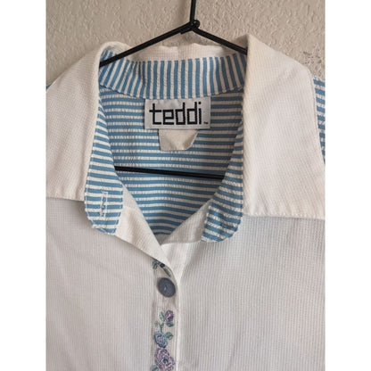 Vintage Teddi Womens Sz L Short Sleeve Button Up Blouse Blue White 1980s